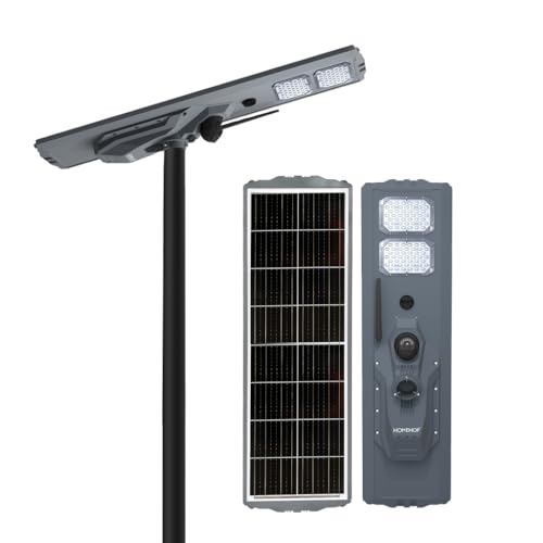 Image of Homehop Solar Street Lights Outdoor 400Watts with Security Camera Waterproof 90 LEDsMotion Sensor Lamp with Remote Controller (Cool White-Aluminum)