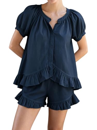 Image of Womens Ruffle Pajama Set Short Sleeve Button Down Top and Shorts | Cotton Ruffle Pajamas Set, Ruffle Shorts Set Women, 2 Piece Shorts Set for Women