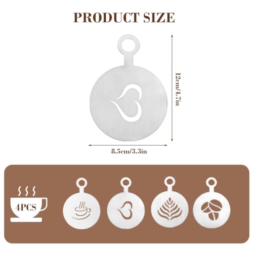 Image of Supvox Stainless Steel Coffee Stencils Set of 4, 8.5x12cm Latte Art Templates for Cappuccino, Lattes, Cakes, and Desserts, Reusable Food Grade Coffee Decorating Tools for Home Cafe and Baking Use