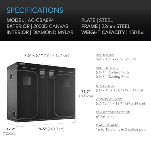 AC Infinity CLOUDLAB 894, Advance Grow Tent 8x4, Thickest 1" Poles, 2000D Mylar Canvas, Lab-Tested Highest Reflectivity, Largest Zipper Window, Controller Mount Plate, 96" x 48" x 80" Indoor Growing