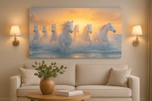 Image of 7 Horse Vastu Sunrise Canvas Painting | Positive Energy Wall Decor | Big Size Premium Running Horses Artwork for Home, Office & Hall Decoration (Modern, Water Pink Horse, 26x18 Inch)