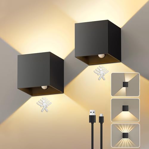 NIBSHOOM Akku Wandleuchte Innen Mit Bewegungsmelder, 2 Stück Wandlampe Akku Ohne Stromanschluss Verstellbare Lichtstrahlform,3000K LED Wandleuchte Batterie,Wandlampe Innen Kabellos Dimmbar Schwarz