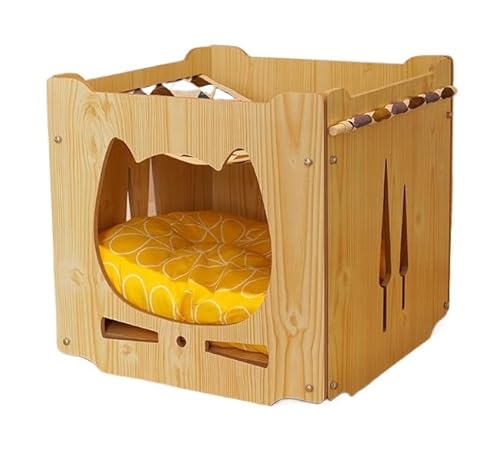 木製猫ハウス 猫ベッド キャットハウス 冬用 夏用 ペットハウス 猫用 可愛い 組立簡単 猫ハンモックと厚手のクッション付き 安心安全 木目調 Tasydi (A)