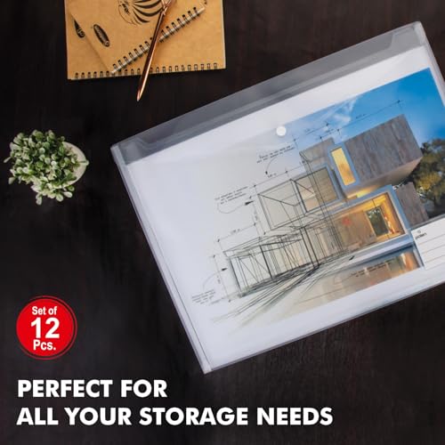 Image of Polen 12 Pcs A3 Size Folder with 20 microns Professional Expanding Transparent File (Specially for Architecture documents and Paintings) White Transparent Sheet, Big Size Button Folder.