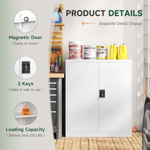 Image of Letaya Metal Storage Cabinets with Lock Door,2 Adjustable Shelves Organizer Steel Storage Cabinets for Home,Office,Warehouse,Garage,Employee Lockers(White)