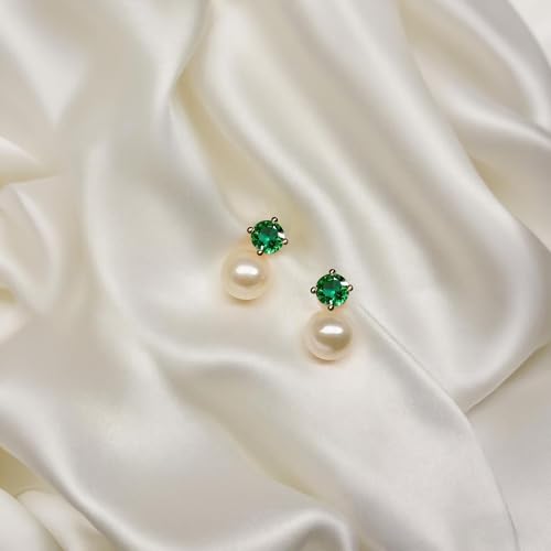 FarF&ME 6.5MM Freshwater Pearl with Green Cubic Zirconia Studs, Small 18K Gold Plated Pearl Earrings for Women, Dainty Lightweight Bridal Wedding & Everyday.2