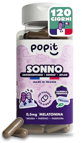 POP IT Melatonina per Dormire Meglio - Con 0,5mg Melatonina Pura per Dose, Passiflora, Melissa e Partenio - 120 Capsule Vegane, Cura di 4 Mesi - Sonno di Qualità - Melatonina Forte Senza Glutine
