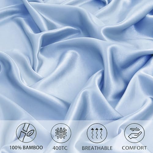 Image of RD TREND Microfiber Satin Weave Fitted Bedsheets for Queen Size Bed 78x60x10 Inch with 2 Pillow Covers-18x28 Inch | 400 TC All Around Elastic | Sky Pearl