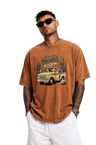 Image of London Hills Men's Oversized t Shirt for Men Graphic T-Shirt | Acid Wash Printed Men T-Shirts | Tshirt for man Round Neck Half Sleeve Pure Cotton Casual Mens tees | Off Shoulder Tshirt Shirts man