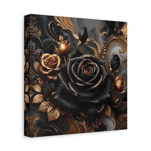 Impression floral roses noir et or pour habiller le dessus de cheminée du salon