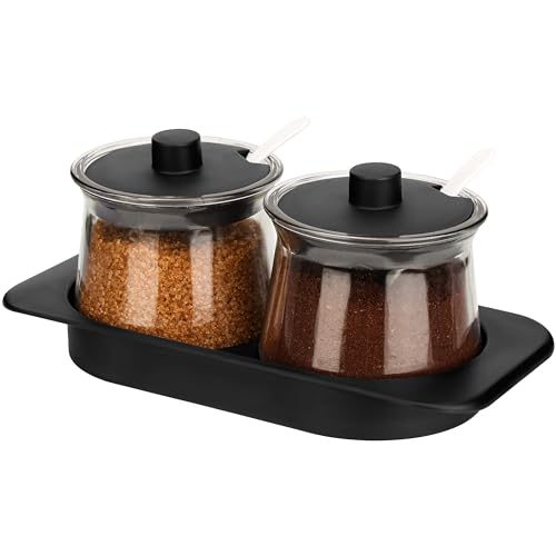 BELLE VOUS (2 Piezas Set Especieros para Cocina con Bandeja - Botes Especias Transparentes con Tapas y Cucharas - Set Organizador de Especias de Cocina, Sal, Azúcar