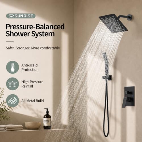 Image of SR SUN RISE Shower Faucet Set 8-Inch Rainfall Shower Head Matte Black