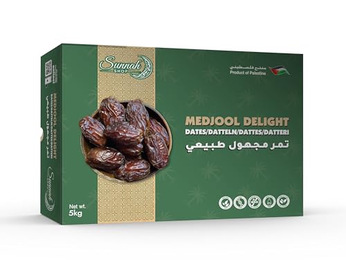 Sunnah Shop Dátiles Jumbo Medjool de Palestina, 5 kg, fechas Medjoul Delight, fechas reales de cosecha fresca, sabor a caramelo único, 100% natural sin aditivos