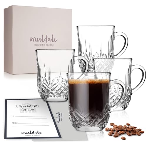Muldale Set of 4 Crystal Coffee Mugs - Irish Coffee Glasses for Hot Drinks with Handles - Hot Toddy Glasses - Liqueur Mugs - 330ml