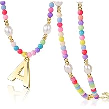 Initial Necklace for Teen Little Girls Kids Women Bulk, Toddler Colorful Beaded Pearl Choker with Letter Pendant, Cute Personalized Jewelry Gift for Easter, Party, Birthday