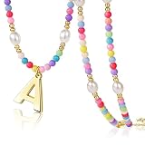 Cute A Initial Necklaces for Teen Girls Women, Easter Egg Fillers for Teen Girls, Preppy 14K Gold Plated Beaded Pearl Letter Necklace, Birthday Jewelry Gifts for Little/Toddler Girls, Daughter