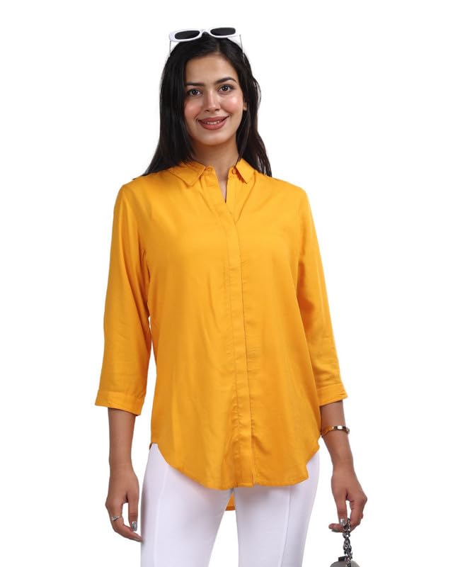 Image of Mlada Hemline Solid Shirts for Women | 3 /4 Sleeves Classic Rayon Shirt for Office Wear | Collared Neck Shirt for Girls | Regular Fit Shirts | Smart Formal Button Down Shirt for Women