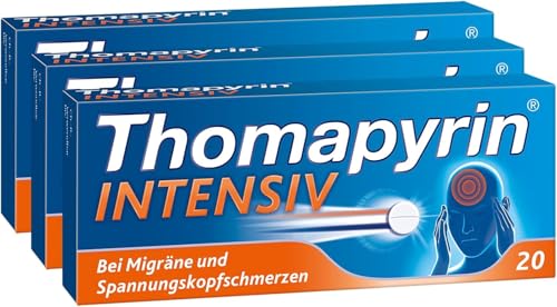 Thomapyrin INTENSIV bei Migräne & intensiveren Kopfschmerzen | 3x20 Stk Vorteilspack|Hochdosierte 3-fach Kombination aus ASS Paracetamol und Coffein | Wirkt 20 min schneller als Ibuprofen 400 mg