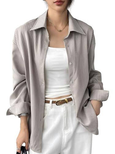 Image of GRECIILOOKS Striped Shirt for Women | Korean Style Full Sleeve Oversized Button Down Shirts | Tops for Women | Shirt for Woman | Plus Size Top for Office & Casual Outfit