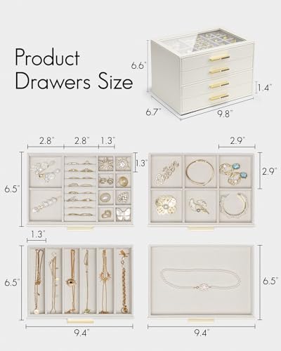 Vlando 4 Layer Jewelry Box for Women, Glass Lid Jewelry Organizer with 4 Drawers for Necklaces Rings Earrings Bracelets - Cloud White