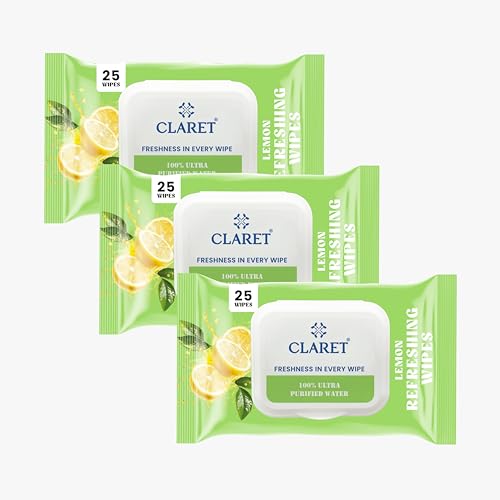 Image of Claret Refreshing Wet Wipes With Natural Lemon Extract For Face & Body | 25 Pulls | 100% Ultra Purified Water | pH Balanced & Alcohol-Free (Pack of 3)