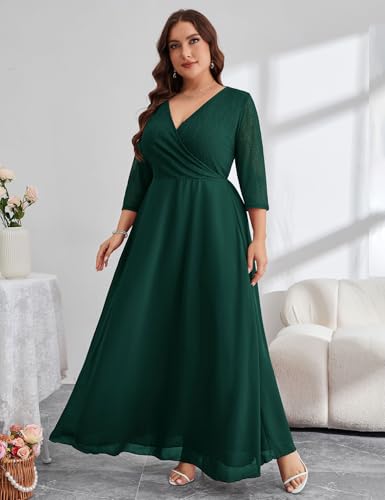 Image of ZOMVA Plus Size Maxi Formal Dress Lace Chiffon Floral V-Neck Wrap Wedding Guest Evening Gown Cocktail Prom 3 /4 Sleeves