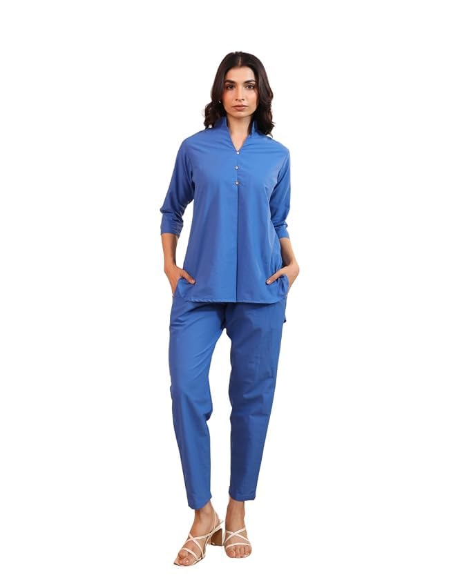 Rangrika.in Solid 3 Button Co Ord Set for Women Straight Fit Top and Pant Set Minimal Stylish Outfit for Office Wear Casual Daily Wear Comfortable Fashion (Periwinkle Blue-2XL)-picture-30