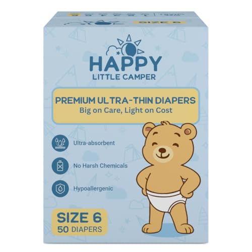 Happy Little Camper Premium Ultra-Thin Diapers, Size 6, 35+ lbs, 50 Count | Ultra-Absorbent Disposable Baby Diapers for Sensitive Skin | Hypoallergenic, Fragrance-Free, Totally Chlorine Free