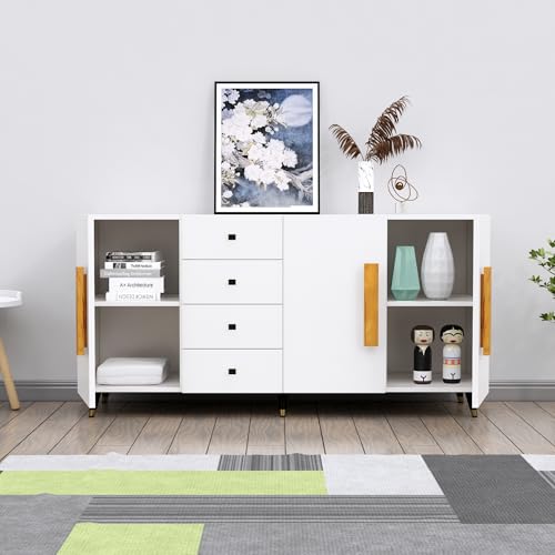 Image of Bniture Wooden Sideboard Cabinet for Living Room | Wooden Storage Cabinet with 3 Door & 4 Drawers | Engineered Wood Multipurpose Cabinet with Spacious Shelves for Home & Office | Frosty White