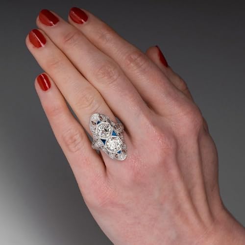 Art Deco Antique Boho Vintage Style Infinite Elements Pave Cubic Zirconia Antique Round-Cut and Created Sapphire Ring Women Long Full Finger Wedding Jewelry Size 6-10(8)3