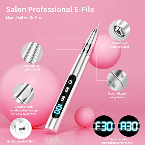Tihoni Professional 30000Rpm Cordless Electric Acrylic Nail Drill Rechargeable Portable E File Machine For Gel Nails Shape Carve Polish Manicure Pedicure With 6 Bits For Beginner And Salon (Silver) #TOP2