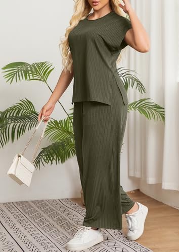 Women's 2 Piece Plus Size Lounge Set Summer Cap Sleeve Top Wide Leg Pants Matching Set Sweatsuits Outfits Tracksuit3