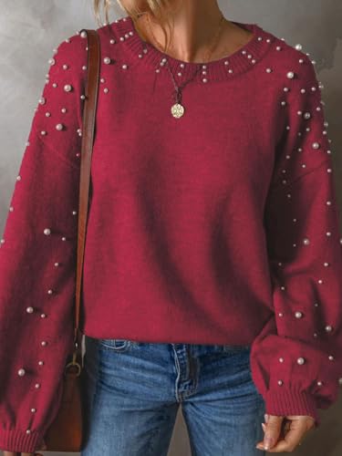 Image of Pearl Sweater for Women Lantern Sleeve Drop Shoulder Crewneck Sweatshirt Knit Chunky Pullover Sweaters with Pearls