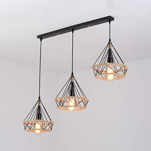 RUNNUP Industrial Diamond Wire Frame Pendant Light Manila Rope 3 Heads Black Ceiling Pendant for Dining Table Restaurant Island Bar Office-Linear