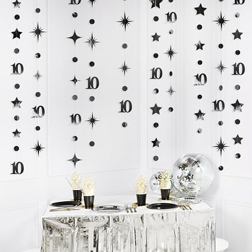 Image of Black 10th Birthday Decorations Number 10 Circle Dot Twinkle Star Garland Metallic Hanging Streamer Banner Backdrop for Girls Boys Double Digits Ten Year Old Birthday 10th Anniversary Party Supplies