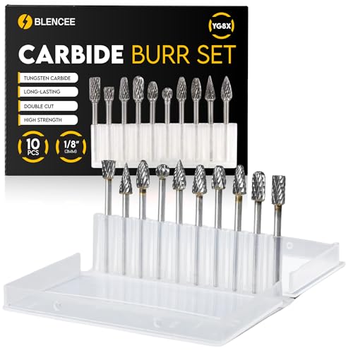 BLENCEE 10Pcs Carbide Burr Set - 1/8 Shank Tungsten Die Grinder Bits Double Cut - Compatible with Dremel & Milwaukee - Cutting Engraving Deburring - Rasp Accessories - Metal Steel Aluminum