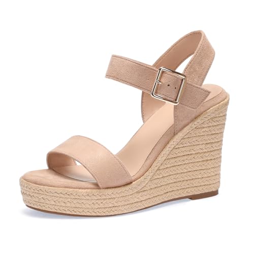 Image of Wedges for Women, Espadrille Platform Sandals, Comfortable Open Toe Wedge Heels with Ankle Strap Buckle, Summer Vacation Casual Shoes