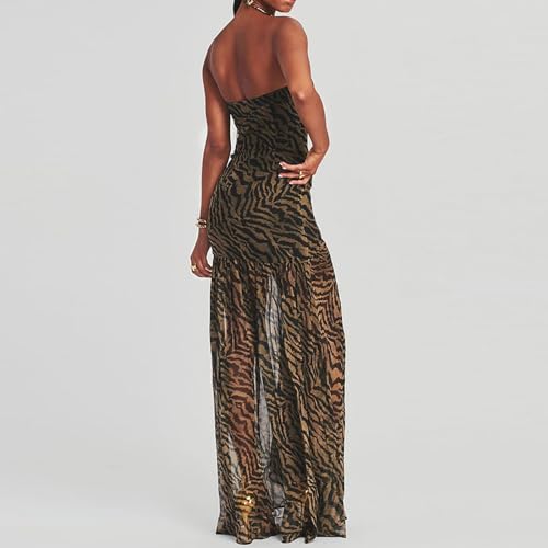 Image of Womens Strapless Maxi Dress Slim High Slit Mesh Long Dress Sexy Party Club Night Out Dress 2024 Summer Vacation