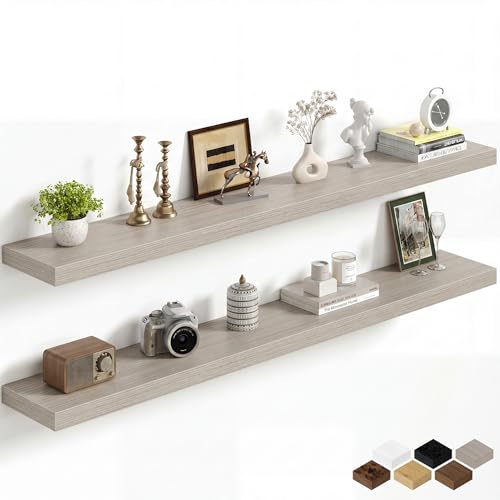Image of Fun Memories 60Inch Long Floating Shelves, 8 Inch Deep Shelves for Bedroom|Living Room, Wall Mounted Wood Hanging Shelf with Invisible Brackets for Fireplace Mantel Home Storage Decor, Grey - 2 Pack