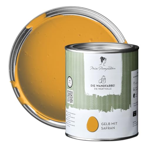 MissPompadour edelmatte Wandfarbe Gelb mit Safran 1L - sehr hohe Deckkraft - geruchsneutrale, spritzfreie Farbe - atmungsaktive, wasserbasierte Innenfarbe/Deckenfarbe - Die Wertvolle