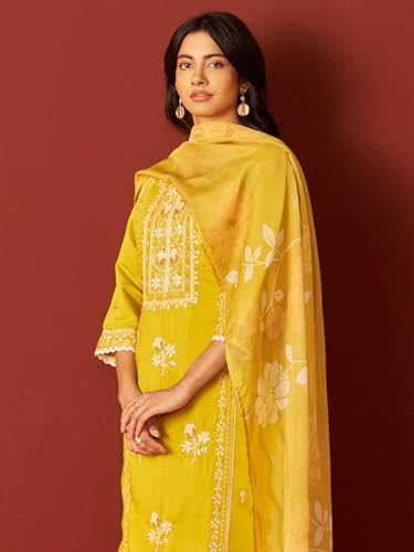 Image of INDO ERA Women's Straight Silk Blend Ethnic Motifs Printed Embroidered Kurta & Pant with Dupatta Set (IESTR11066)