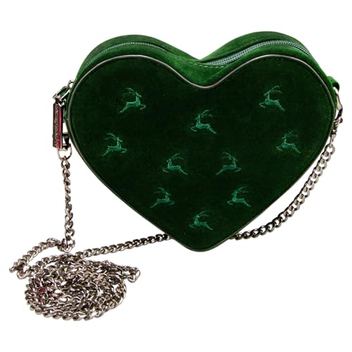 Alpenflüstern Trachtentasche Samtherz mit Hirschstickerei - Damen Handtasche Schultertasche fürs Dirndl Tasche zur Tracht Dirndltasche mit Metallelemente (grün) DTA105