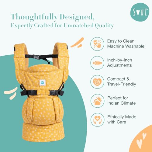 Image of SOULSLINGS 4-in-1 Lali Baby Carrier Bag - Daisy - Cotton | Compact & Lightweight (400g) | Adjustable for 0-24 Months (4-15kg) | Machine Washable & Handwashable | Breastfeeding Friendly