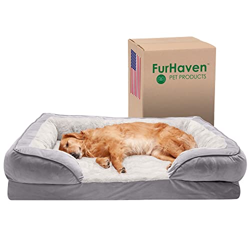Furhaven Cooling Gel Dog Bed for Large Dogs w/ Removable Bolsters & Washable Cover, For Dogs Up to 95 lbs – Plush & Velvet Waves Perfect Comfort Sofa – Granite Gray, Jumbo/XL, 40.0″L x 32.0″W x 9.5″Th