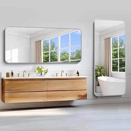 Image of Silver Bathroom Mirror, 72 x 30 Inch Large Rectangle Mirror, Rectangular Vanity Mirror Aluminum Metal Frame, Rounded Corner Wall Mirror for Living Room Bedroom Entryway Horizontal /Vertical