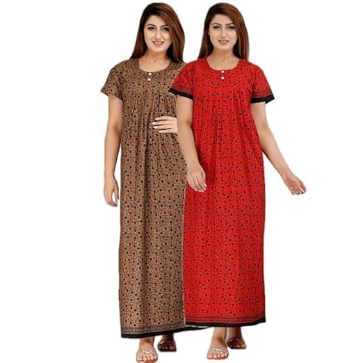 Image of OFEEFAN Cotton Nighty for Women - Pack of 2 Printed Maxi Gowns, Ankle-Length Night Dresses, Soft & Breathable Sleepwear - Free Size