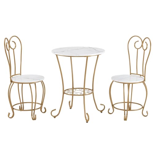 JOIN IRON 2-Piece Bistro Dining Set for Indoor Use, Marble-Look Tabletop with Gold Metal Frame, Vintage French Café Style Round Table and Chairs for Kitchen, Breakfast Nook, Small Apartment (Gold)