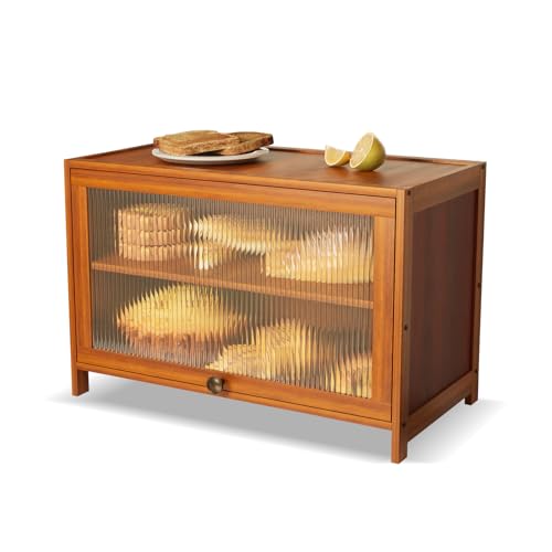 YCBTREE Panera de bambú, 2 niveles, 60 × 32 × 40 cm, caja de almacenamiento de pan con puerta de acrílico, para panes y panes
