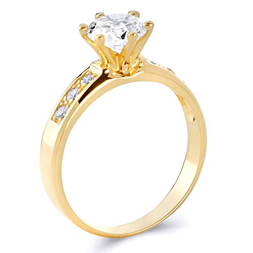 Wellingsale Ladies Solid 14k Yellow Gold Polished CZ Cubic Zirconia Round Cut Engagement Ring with Side Stones and Wedding Band Bridal Set2