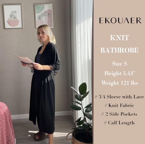 Ekouaer Women's Knit Bathrobe Lace Kimono Robes with Pockets Full Length Lightweight Loungewear S-XXL2